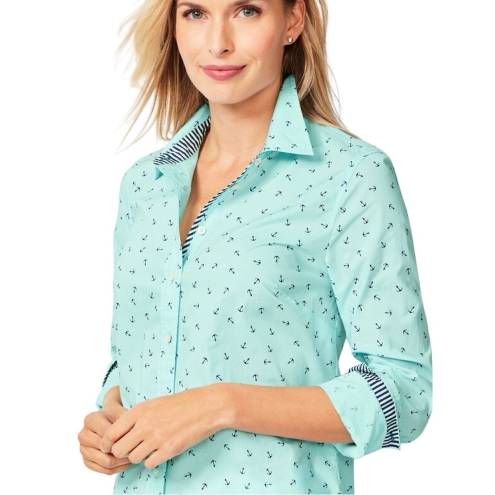 Talbots Long Sleeve Cotton Anchor Nautical Vacation Coastal Button Front Blouse - Picture 2 of 8